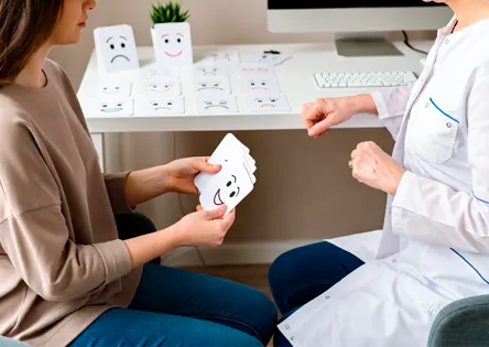Женщина держит карточку с эмоциями на сеансе терапии